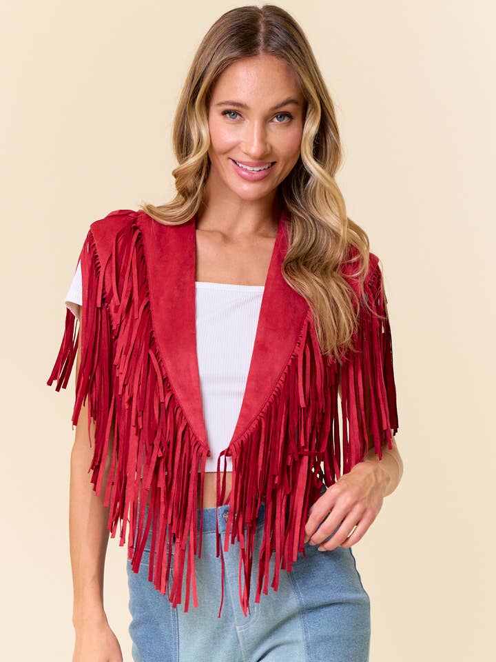 SIJ5247A RED TRENDY WESTERN FRINGE SUEDE COLLAR / SHRUG for wholesale by Saints & Hearts