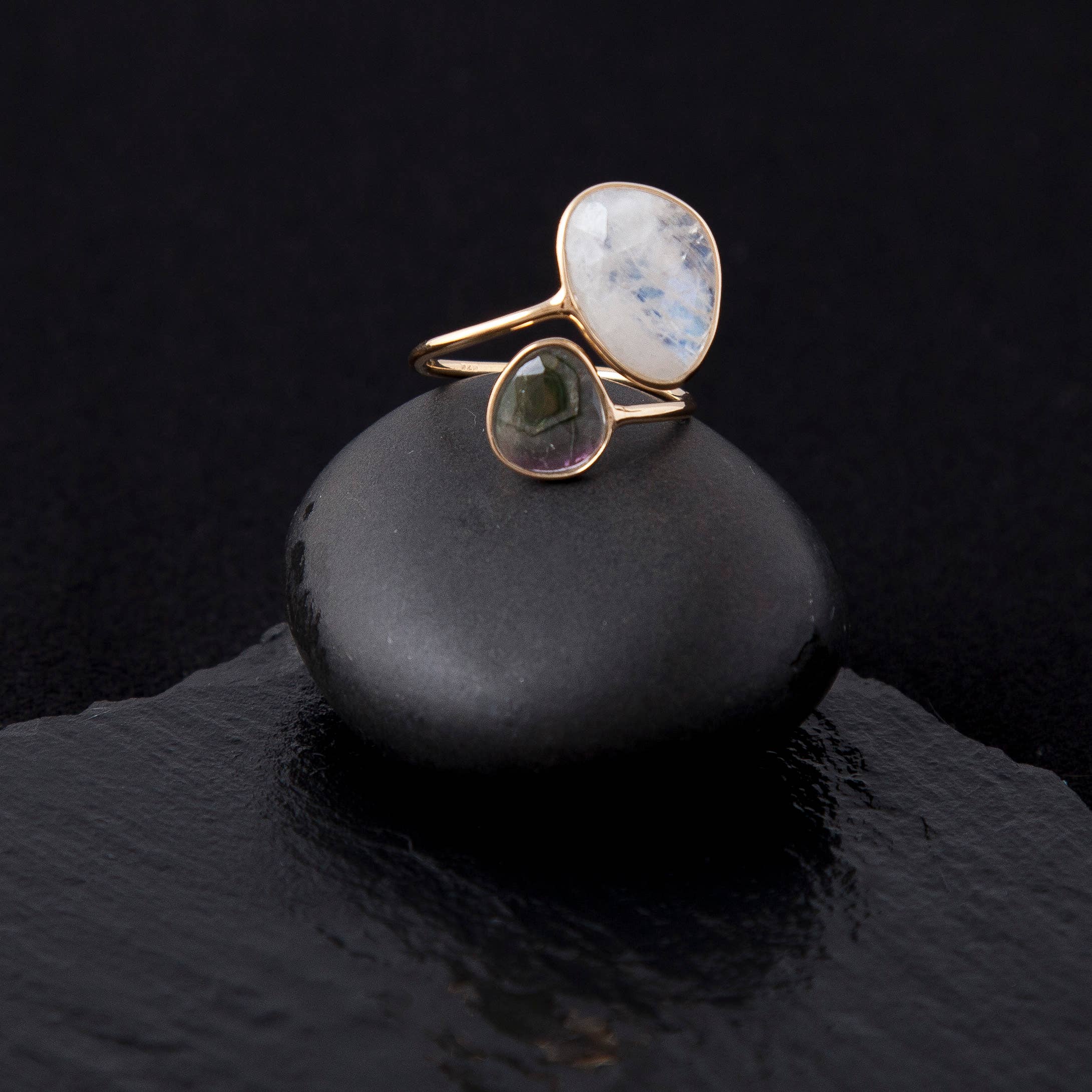 Baizaar - Wholesale Single Stone/Solitaire Ring - Gold Plated Moonstone and Tourmaline Ring