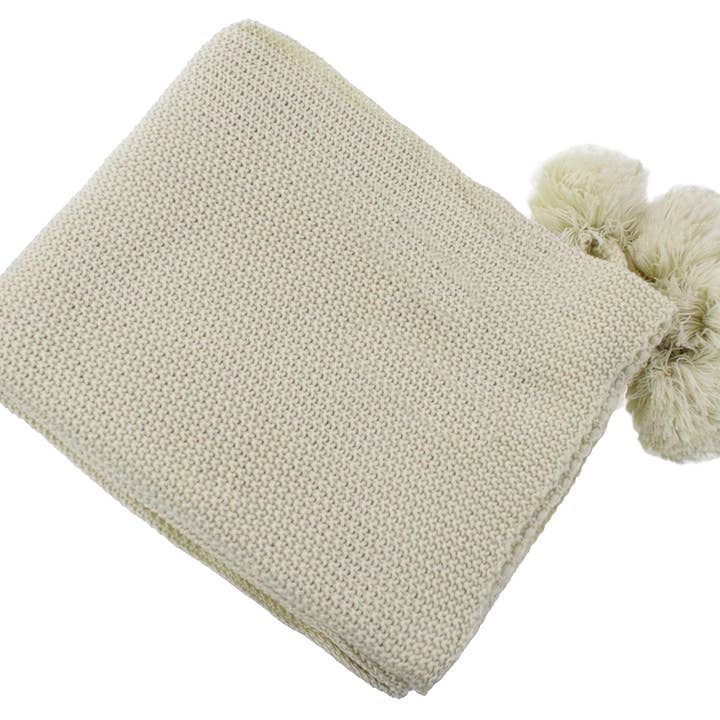 Fennco Styles - Wholesale Throw Blanket - Natural Chunky Knit Pom Pom Throw Blanket