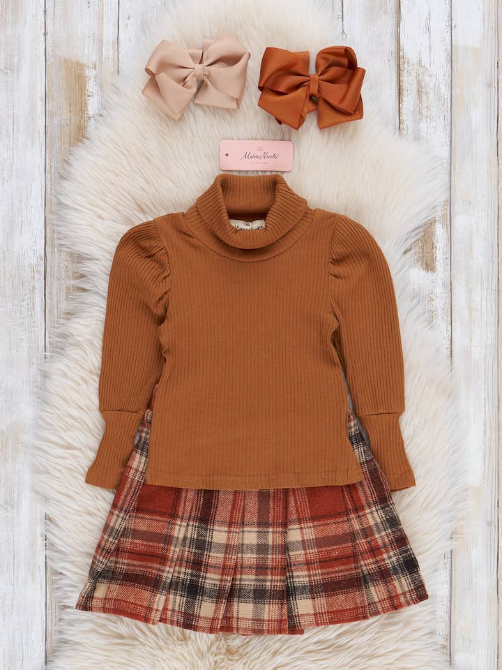 Marie Nicole Clothing - Wholesale Top & Skirt Set - Kids - Ribbed Turtleneck & Plaid Skirt Outfit - Cinnamon1