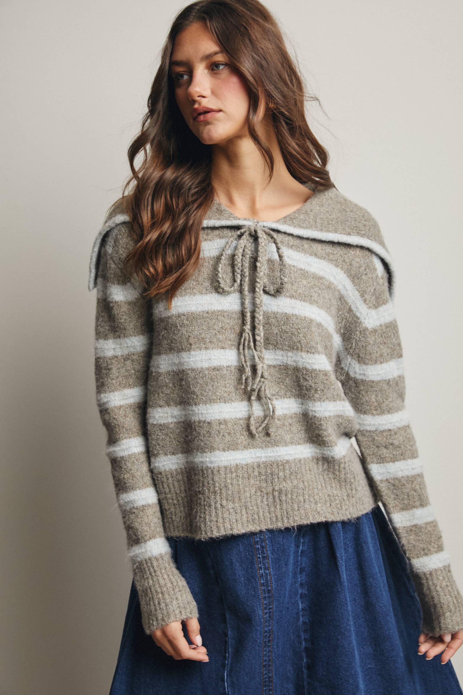 Forte - Vendita all'ingrosso Maglione tricot - Donna - Maglione a Maglia con Colletto da Marinaio a Righe FSW001221