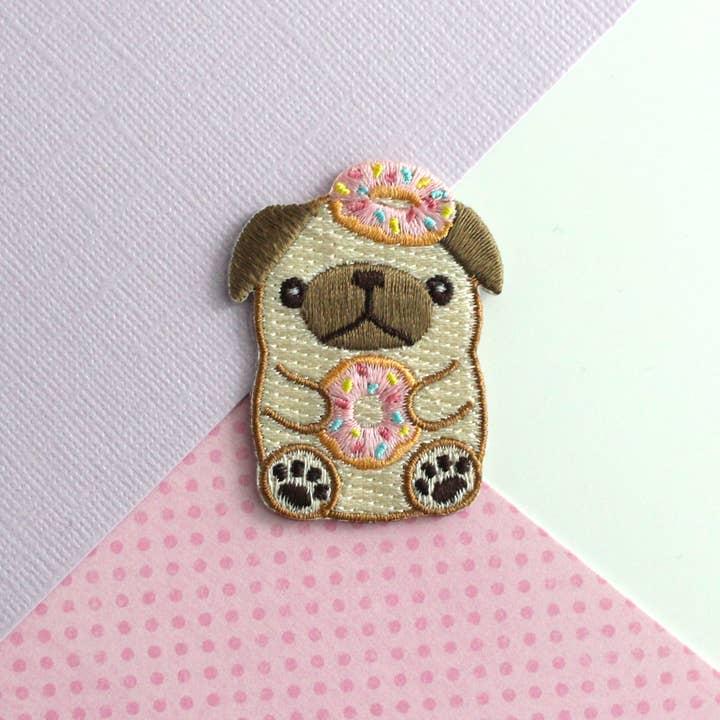 Donut Pug Embroidered Patch. Dog Iron On Patch for wholesale by Wild Whimsy Woolies