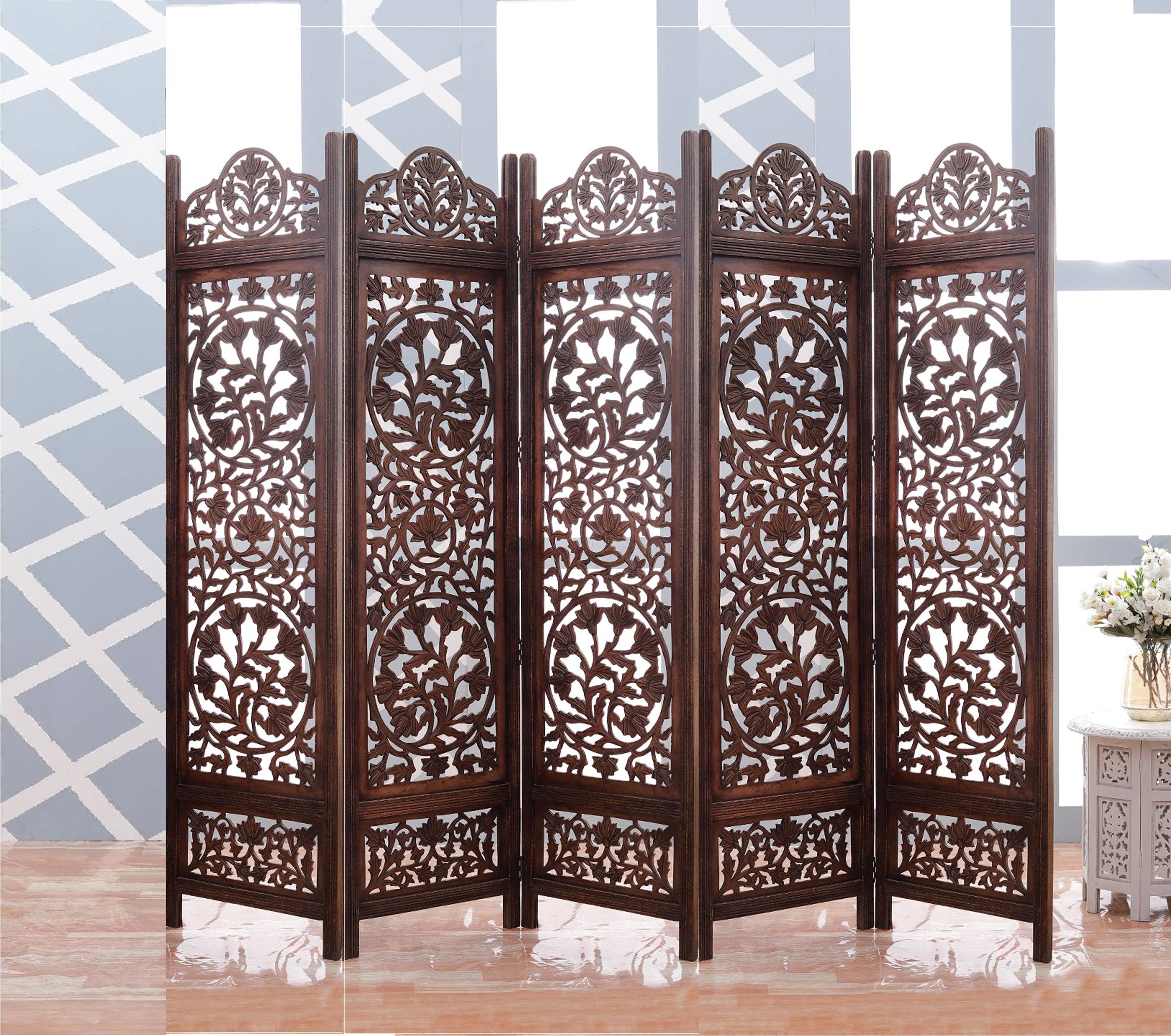 iAnanas - Wholesale Room Divider - Mango Wood Room Divider - 5 Panel Floral Handmade Screen, Privacy Screen & Decoration for Living Room, Bedroom, Balcony & Office - Brown (254x3x180 cm)1