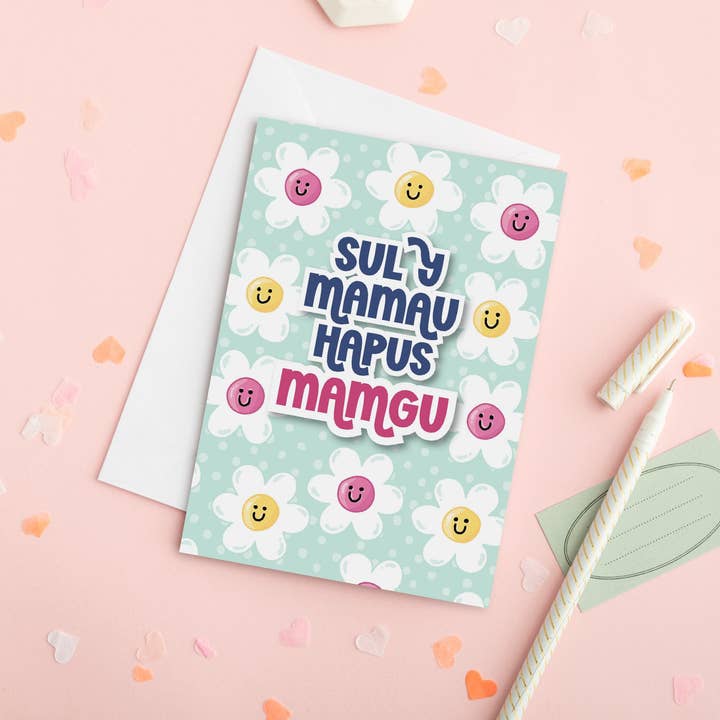 Welsh Mother's Day Card 'Sul y Mamau Hapus Mamgu' flowers for wholesale by Draenog