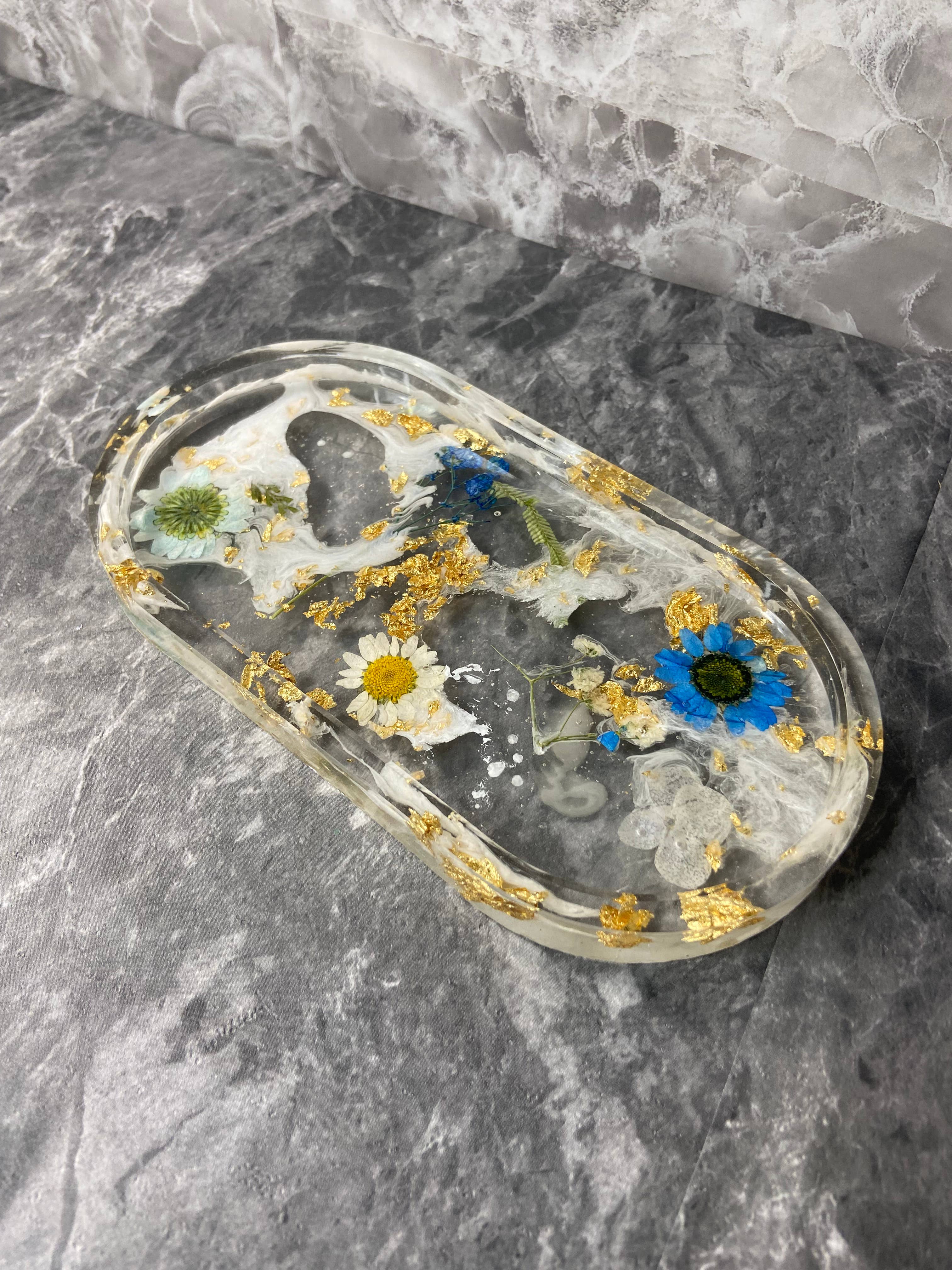 KraftzbyKenzie - Wholesale Jewelry Dish - Blue Flower Trinket Trays | Gold Foil Tray | Oval Tray3