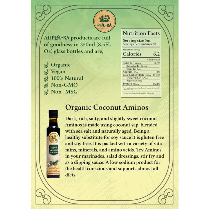 POL RA - Wholesale Sauce - Organic Coconut Aminos-100%Natural-Non-gmo-Gluten free-Vegan