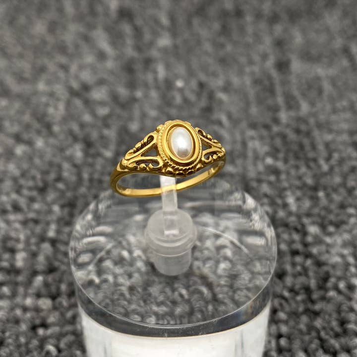 Mio Queena - Vendita all'ingrosso Anelli con pietra singola/solitario - Anello SS placcato in oro 18 carati vintage con perla intarsiata - FGS