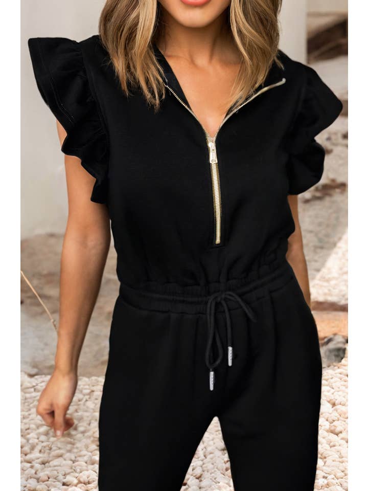 Black LDC Zipper Flutter Sleeve Drawstring High Waist Jumpsuit for wholesale on Faire
