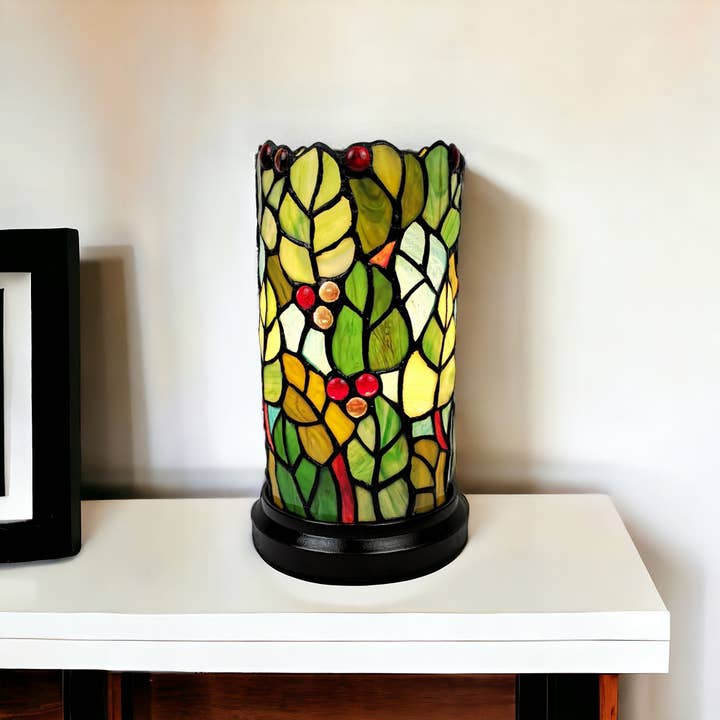 HomeRoots - Wholesale Accent/Desk Lamp - 11" Green And Red Leaves And Berries Stained Glass Lamp1