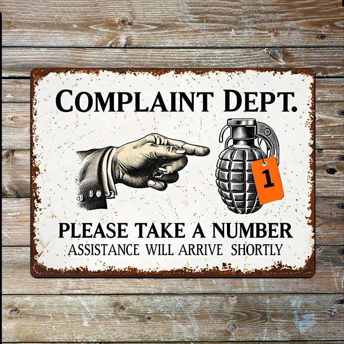 Vintage Complaint Department, Grenade | Metal Sign Plaque for wholesale by The British Metal Signs Company