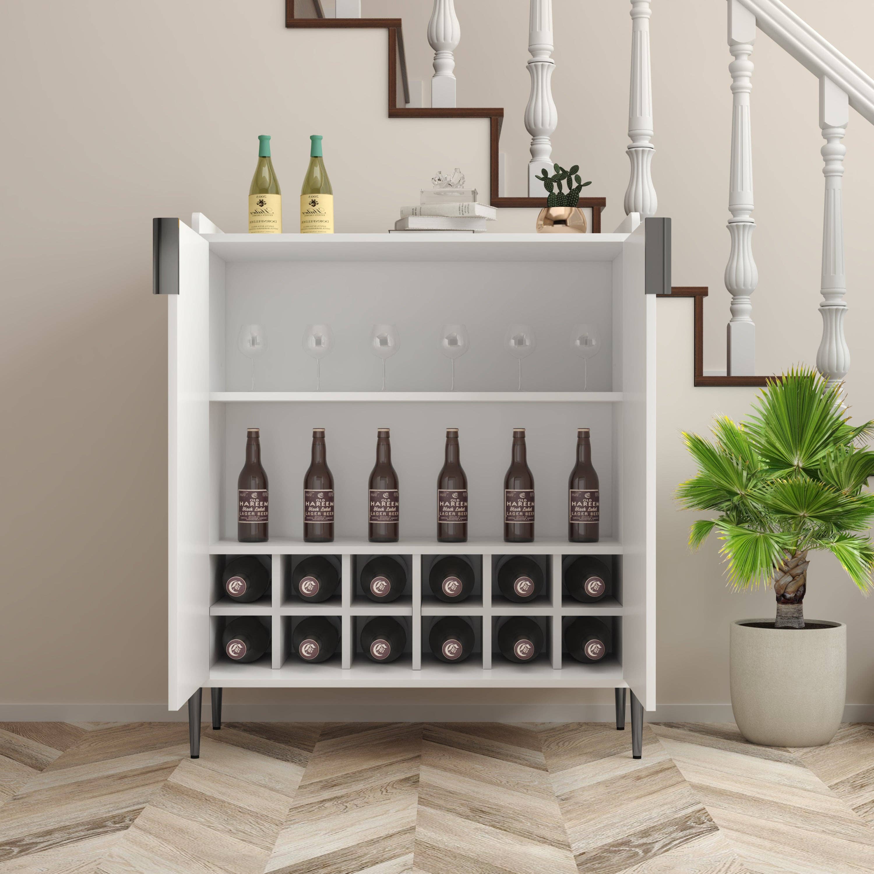39F Inc. - Wholesale Cabinet - 2 doors home wine bar cabinet with wine rack & adjustable storage shelf, modern sideboard with soft-closing hinge, dinning room buffet cabinet, Liquor Cabinet kitchen, living room coffee cart White8