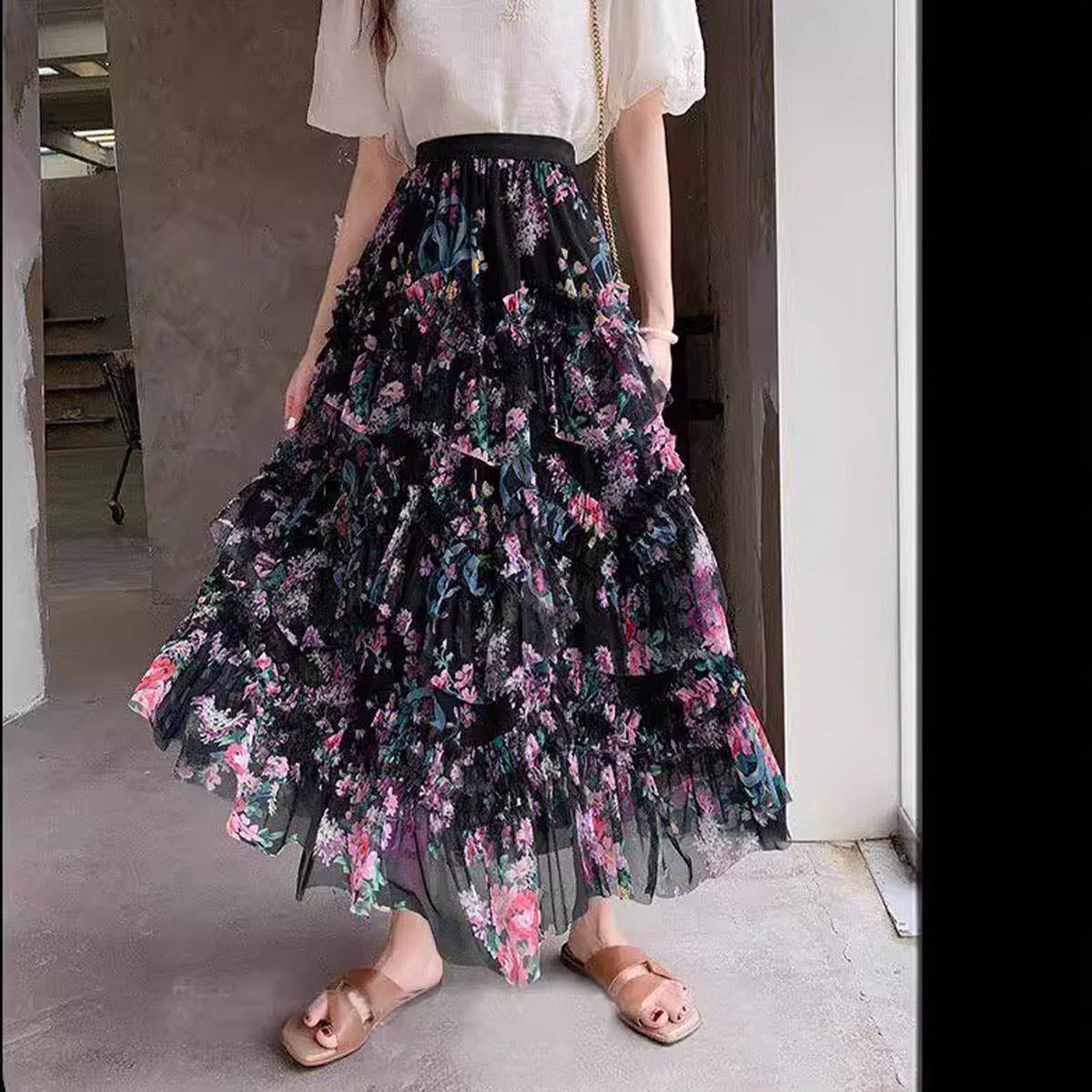 ACCITY - Wholesale Skirt - Women's - COLORFUL FLORAL MESH PRINT PLEATED TULLE SKIRT_CWBLS03990