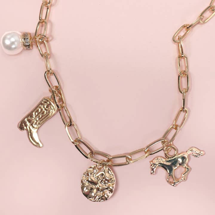 Gold WESTERN BOOT STAR HAT HORSESHOE CHARM NECKLACE | 80N1187 for wholesale on Faire1
