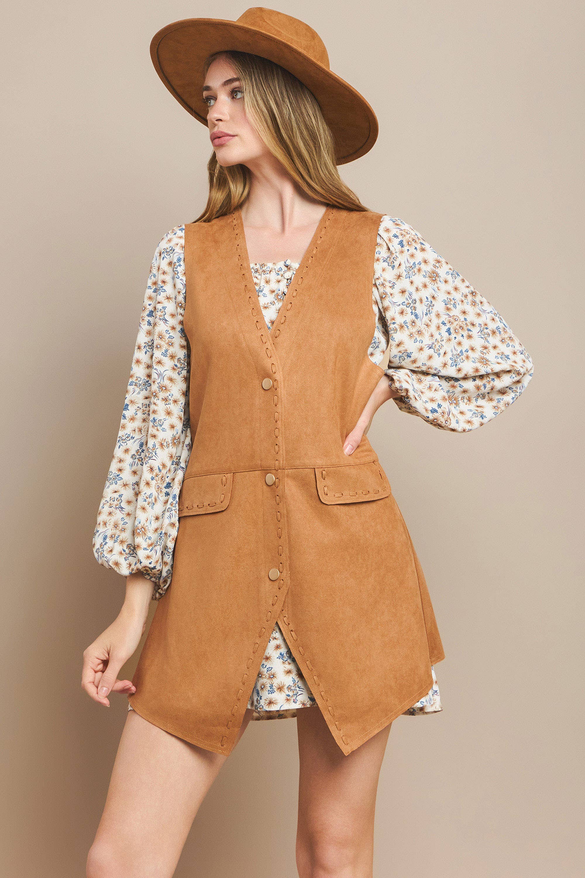 WISTERIA LANE - Wholesale Outerwear Vest - Women's - SUEDE MIDI VEST - RUST 6432JIA  13