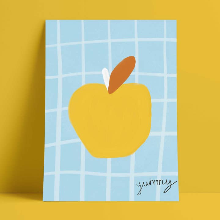 Yummy Apple Print - Blue, Yellow Fine Art Print for wholesale by Orla and the Gang