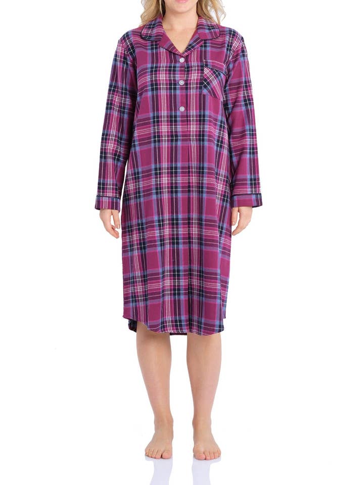 Chemise de nuit midi en flanelle de coton Dusk Check pour la vente par Magnolia Lounge