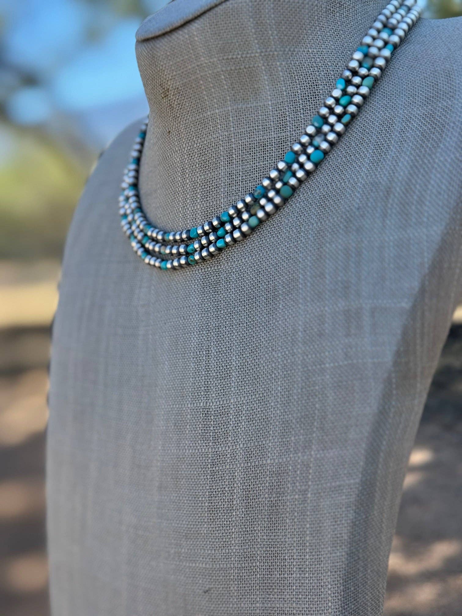 Nizhonitradersllc - Vente Collier de perles - Collier en perles de turquoise Kingman et argent sterling 4 mm fait main 16"2