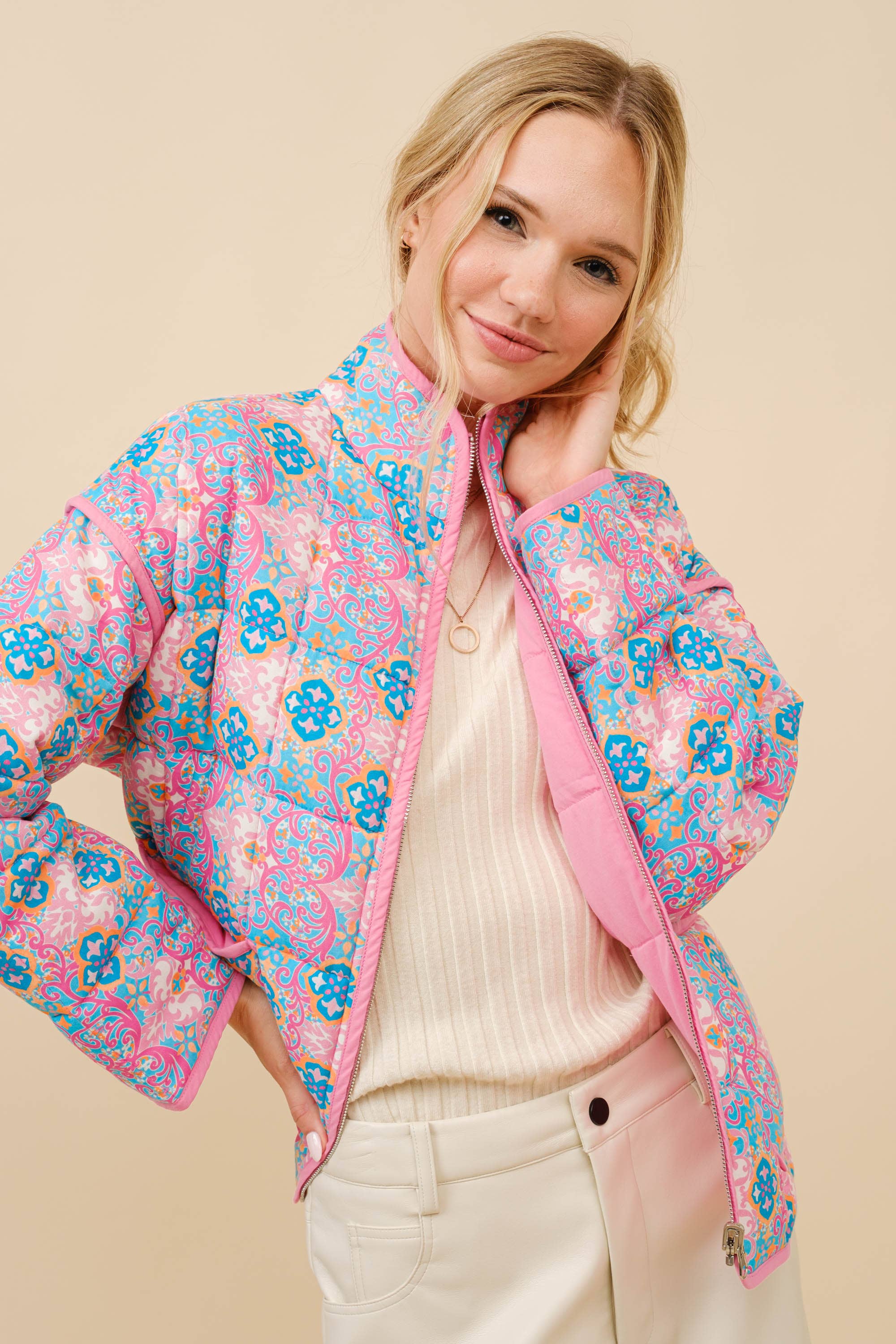 PINK BLUE 35044J - Rayon Challis Floral Reversible Quilted Jacket for wholesale on Faire3