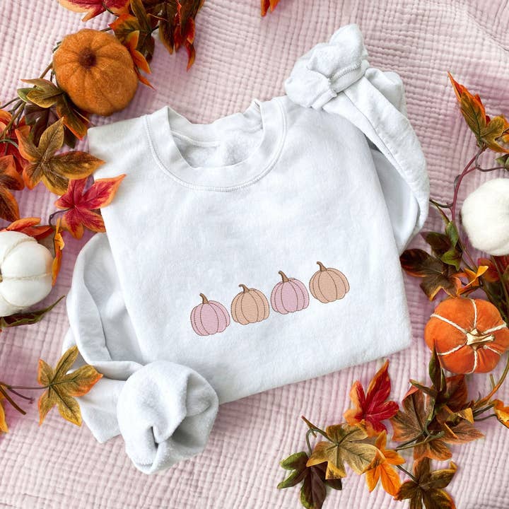 Cute Pink and Orange Pumpkins Embroidered Gemma Crewneck Sweatshirt for wholesale by Arden & Gold