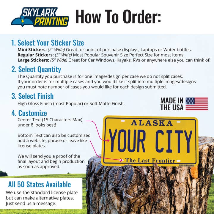 Skylark Printing - Wholesale Sticker - Alaska Yellow Plate Souvenir Sticker with Your City, Text2