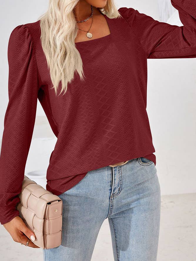 Comely Fashion - Wholesale Blouse - Women's - CF-HLL106 Square Neck Solid Jacquard Tshirt Long Sleeves Top1