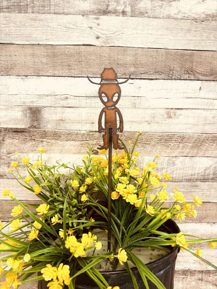 Alien Cowboy Rustic Metal Garden Plant Stick Area 51 Gift for wholesale by Universal Ironworks USA