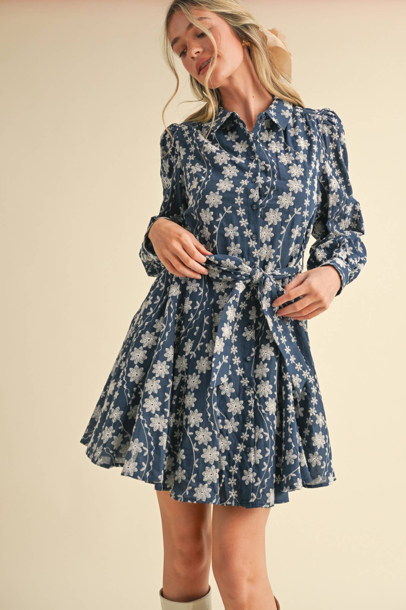 &MERCI - Wholesale Dress - Women's - FLORAL EMBROIDERY BUTTON DOWN FLARED MINI DRESS MDR342726