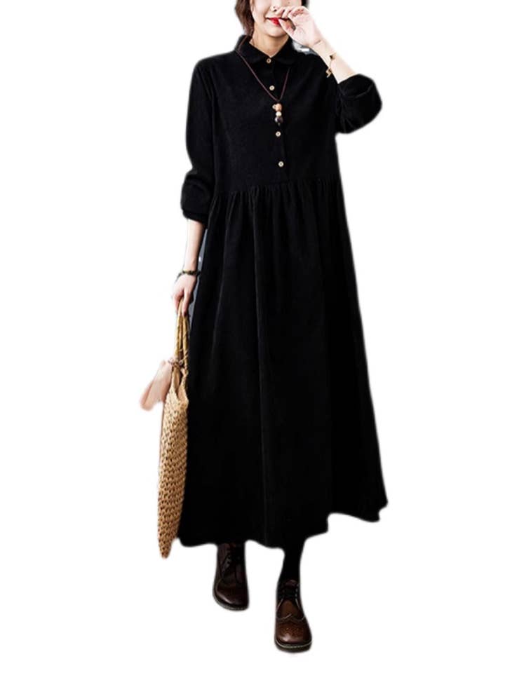 StyleGalX – wholesale Dress – Women's – Women's Over-the-Knee Warm Button-Up A-Line Dress6