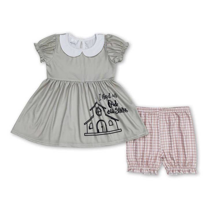 Short sleeves old story tunic plaid shorts girls clothes for wholesale by Yawoo Garments