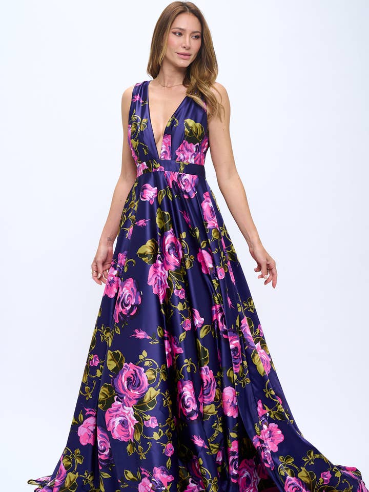 Lisa Plunging Neckline Satin Floral Purple Maxi Gown with Pockets for wholesale by Pinup Couture