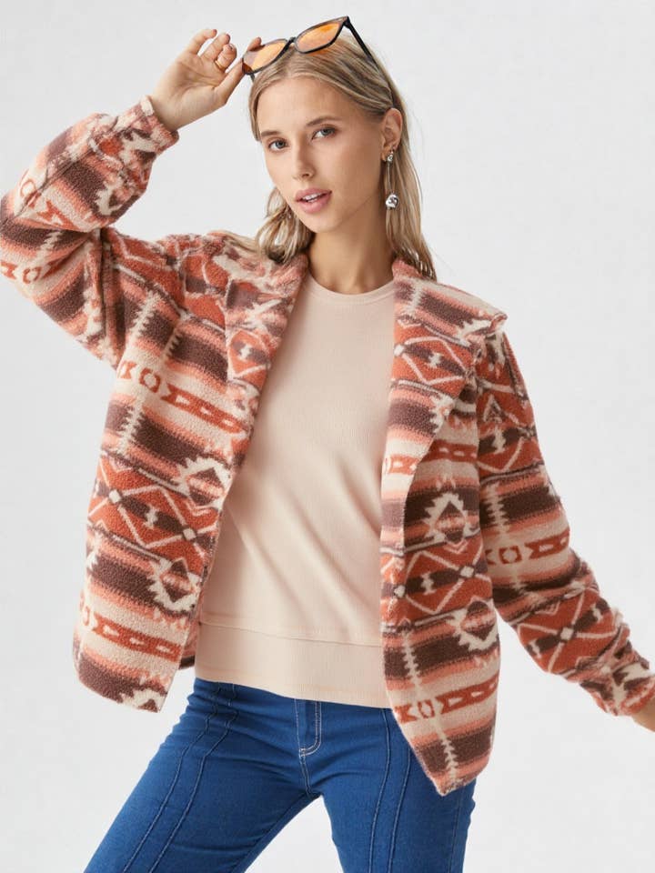 VERY J - Wholesale Jacket - Women's - NJ90199-Aztec Tribal Print Hooded Oversize Fleece Jacket