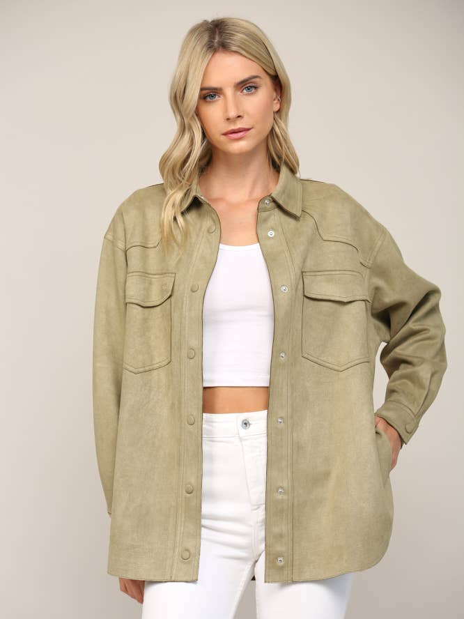 TWO FRONT FLAP POCKET FAUX SUEDE SHACKET FJ70017 for wholesale by FATE