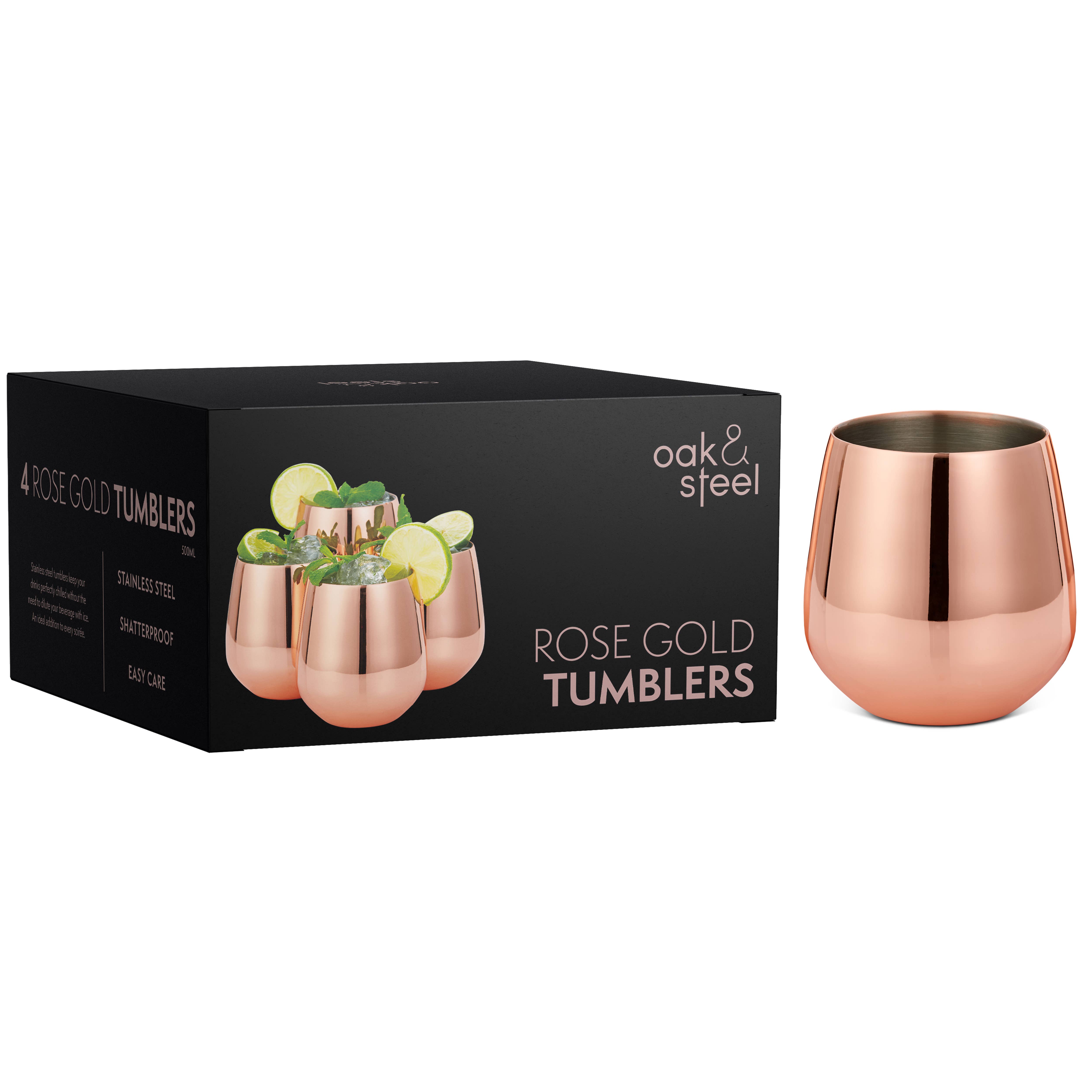 Oak & Steel - Wholesale Cocktail/Liquor Glass - 4 Rose Gold Tumblers with Straws3