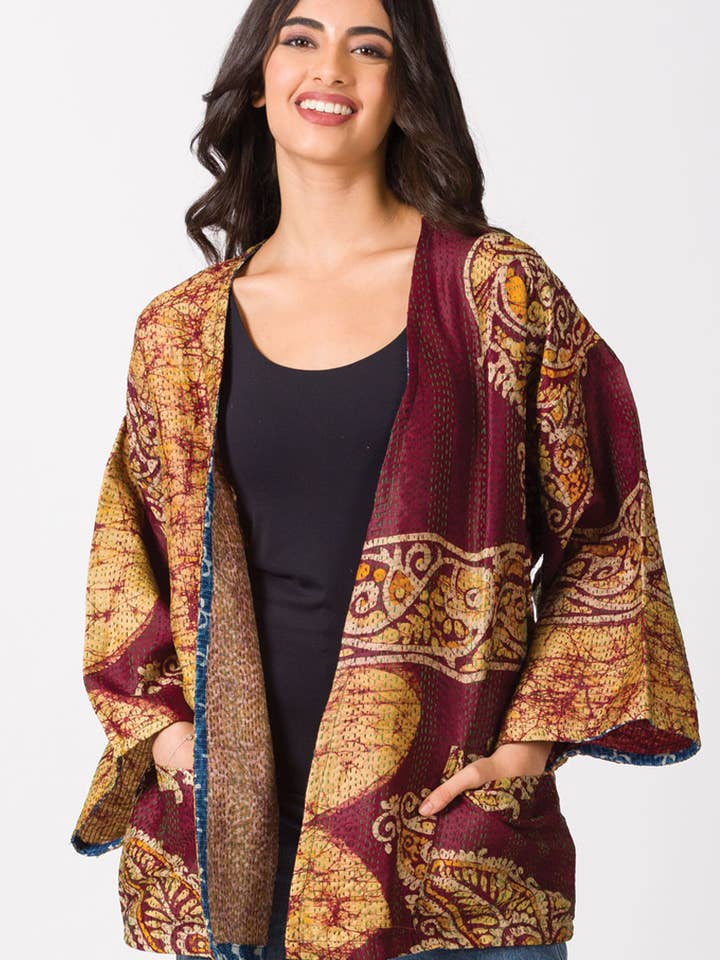 Sevya Handmade - Wholesale Kimono - Women's - Reversible Silk Kantha Kimono Jacket4