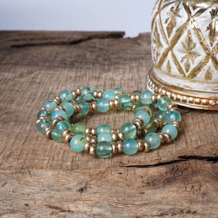 PennyLine inc - Wholesale Beaded Bracelet - Glass Beaded Bracelet Stack with Worn Gold Accents – Green, Cream, or Gray