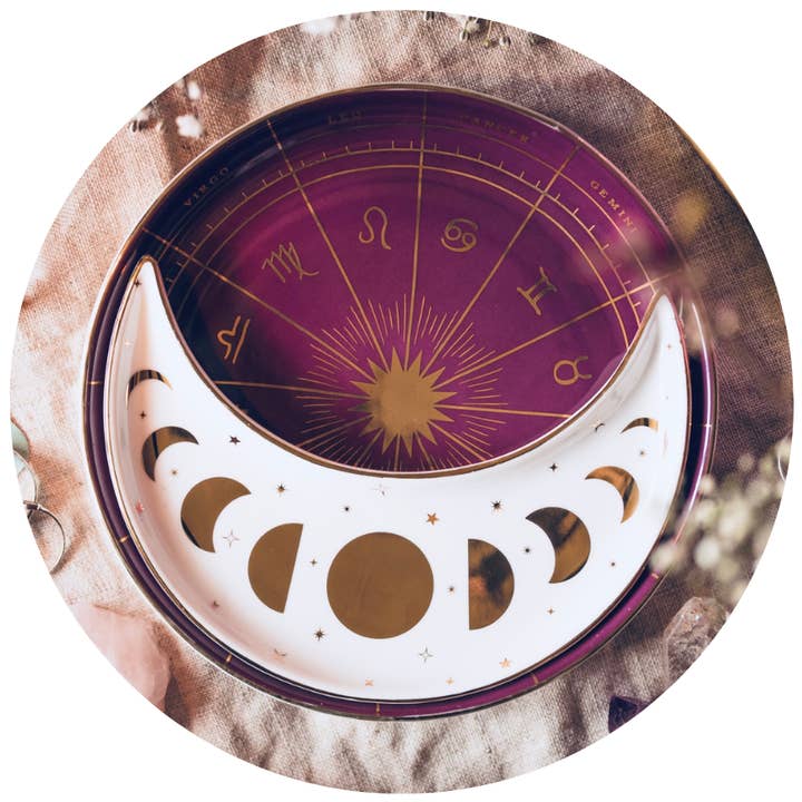 ZODIAC CERAMIC NESTING MOON DISH SET, PURPLE BERRY, WHITE & GOLD for wholesale by CLEOMAGICK