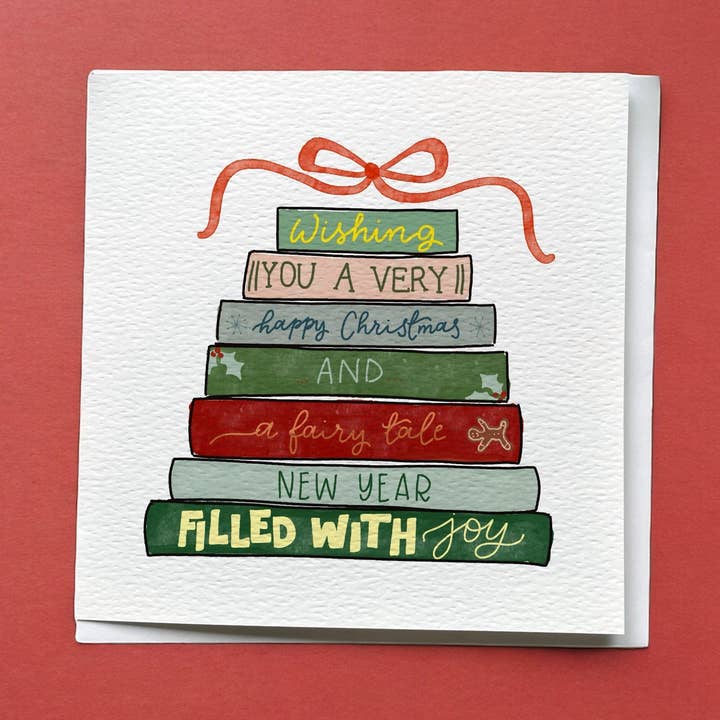 Book Stack Bookish Christmas Card, holiday card for readers for wholesale by And Hope Designs - Cards, Stickers & Stationery