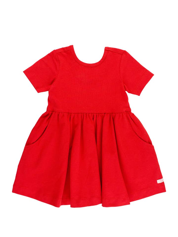 Robe tourbillon en tricot rouge à manches courtes pour filles pour la vente par RuffleButts + RuggedButts