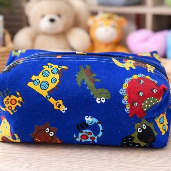 Handmade Navy Dinosaur Box wash bag for wholesale by everydaybags.gifts