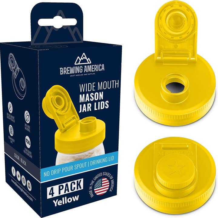Mason Jar Lids Wide Mouth Plastic 4 Pack Leak Proof with Flip Cap Pouring Spout & Drink Hole - Yellow for wholesale by Brewing America