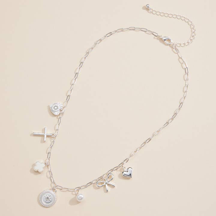 Frem - Wholesale Pendant/Charm Necklace - Charm Necklace with Heart, Cross, Compass & Bow Pendants