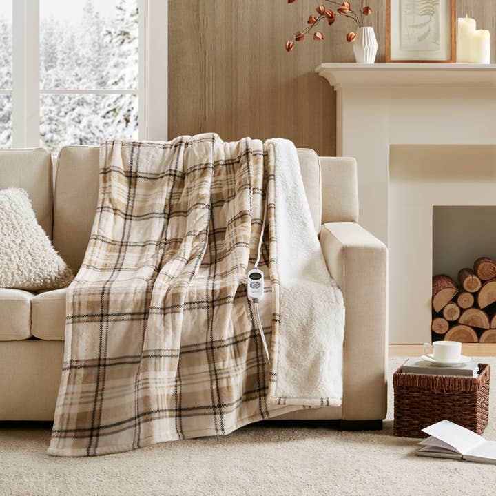 Plaid Velvety Shepra Heated Throw, Tan for wholesale by Olliix