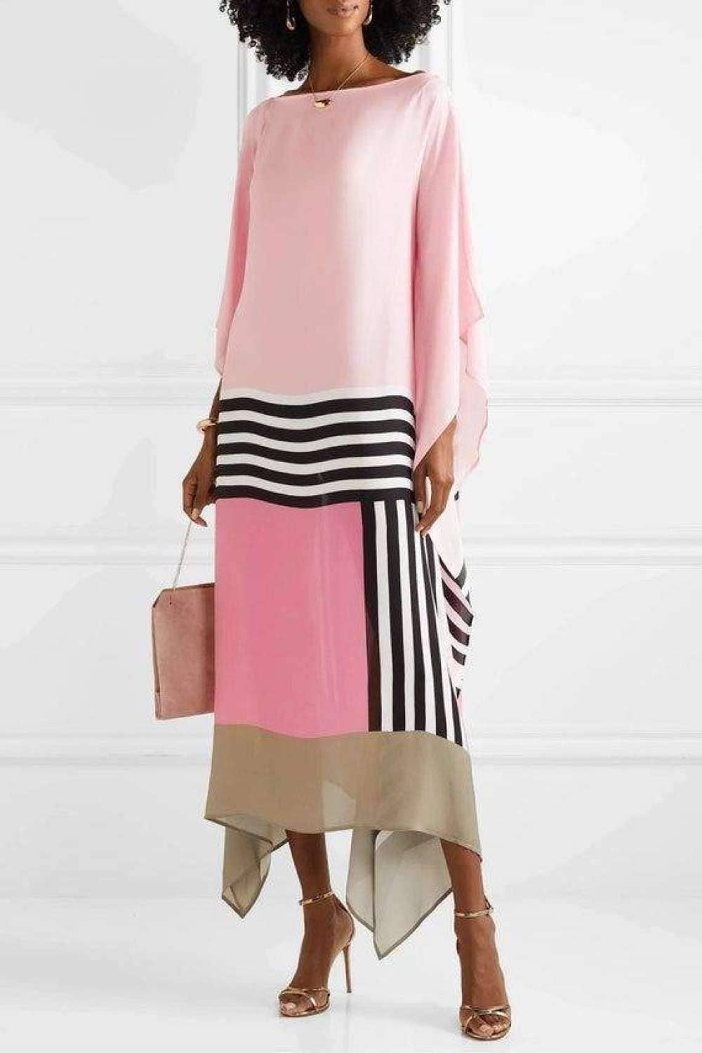 Fashion Combination - Wholesale Kaftan - Women's - Elegant Pink Colorblock Maxi Dress with Striped Hem0