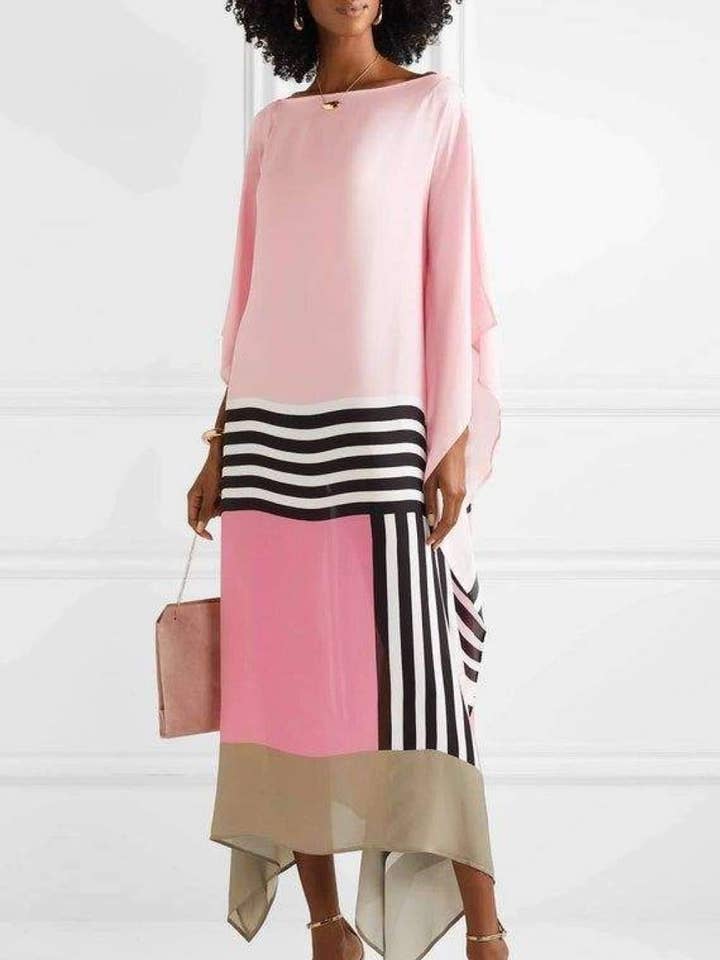 Fashion Combination - Wholesale Kaftan - Women's - Elegant Pink Colorblock Maxi Dress with Striped Hem0