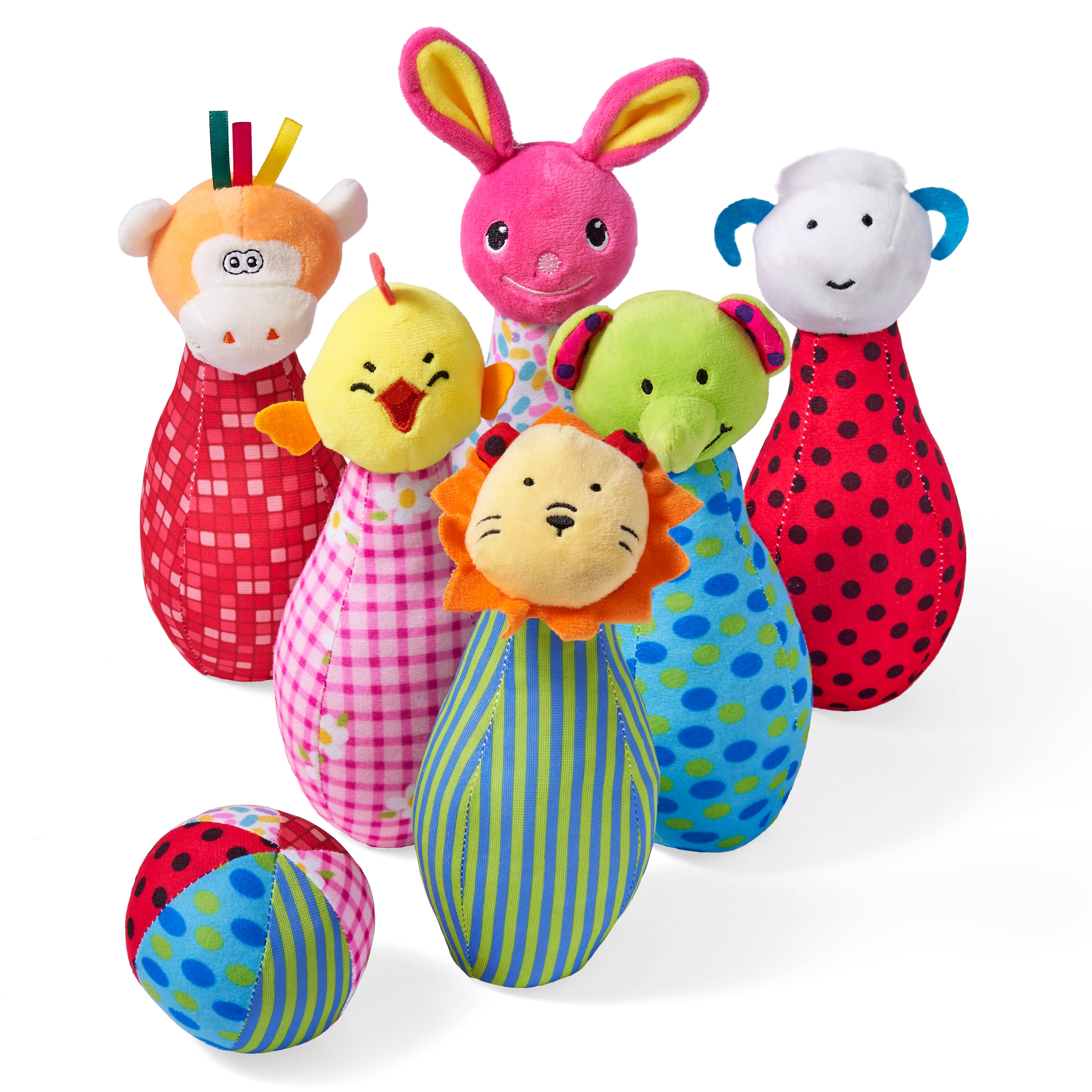 The Twiddlers - Vente Peluche – enfant et bébé - Set de bowling en peluche 6 quilles, quilles d’animaux en peluche avec balle7