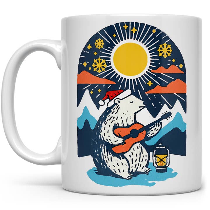 Retro Winter Polar Bear Playing Guitar Mug, Holiday Gifts for wholesale by Loftipop