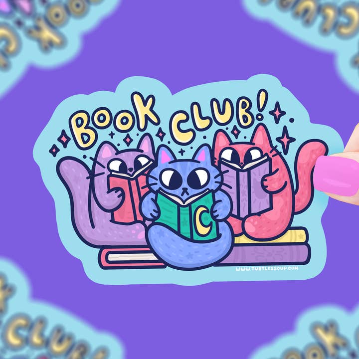 Club de lecture Kitty, mignon, chats, lecteur, amateur de livres, autocollant en vinyle pour la vente par Turtle's Soup