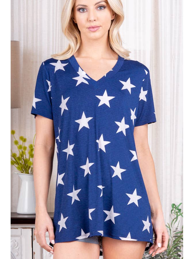 V NECK STAR PRINT TOP for wholesale by Pink Irene Wholesale
