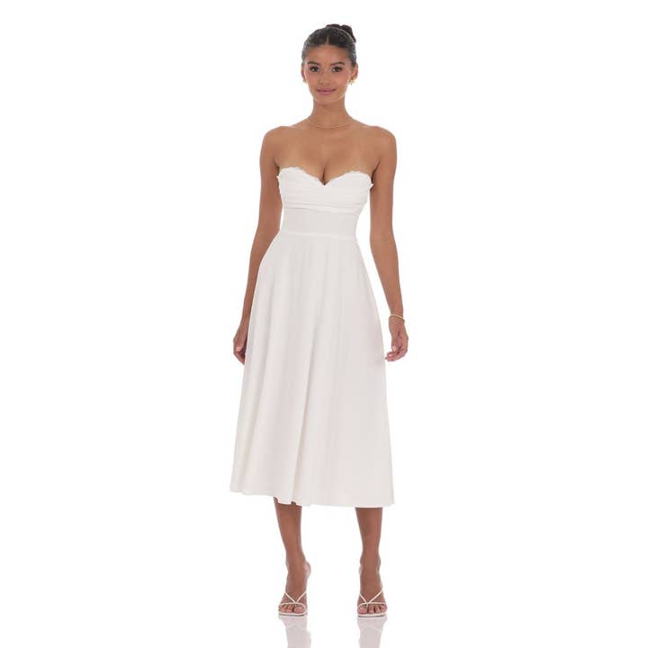 Lace Bust A-Line Midi Dress in White for wholesale by Lucy In The Sky