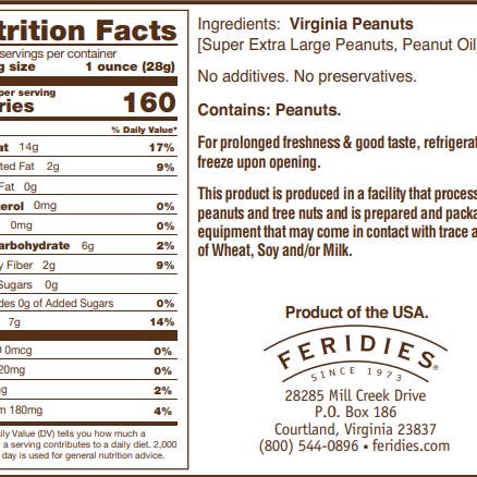 FERIDIES - Wholesale Nuts - 9 oz. Unsalted Virginia Peanuts
